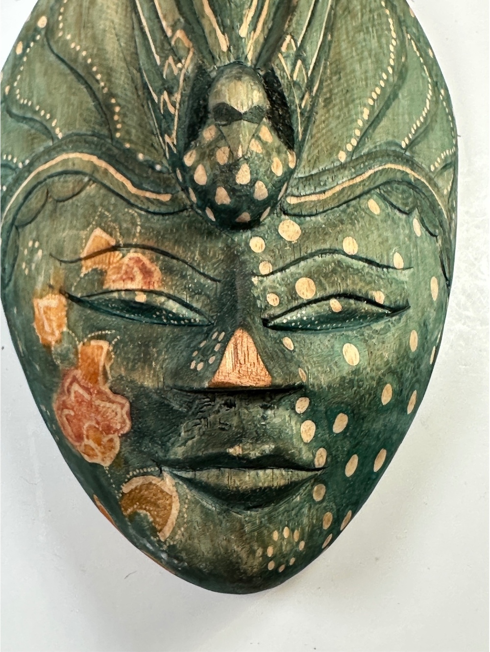 Vintage Topeng Batik Mask Java Green Hand Carved Wooden Indonesia 9x7x3